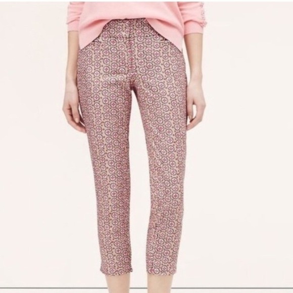 LOFT Pants - LOFT Riviera Pant Julie Women 14 Tan Pink Geometric Medallion Crop Office Casual